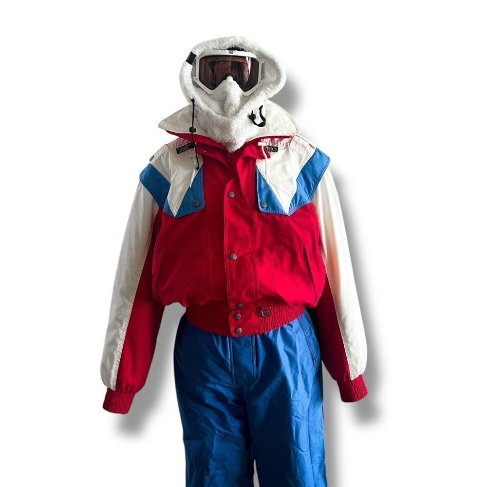 ASICS 80s Vintage Ski Jacket, Red and Blue Colour Block, Medium